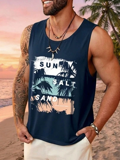 1pc Men's Summer Casual Coconut Tree Color Block Print Round Neck Tank Top