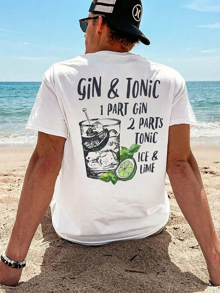 男士印花T恤，沙滩夏季宽松短袖T恤 - 白色 - 查看 1