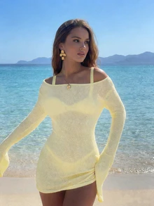 Women's New Lightweight Breathable Knit Yellow Cover-Up Dress, Off Shoulder Cinched Waist Bodycon Mini Dress, Sexy Backless, Suitable For Beach Vacation, Beach Party, Holiday Date, Outing, Music Festival - Light Yellow - View 7