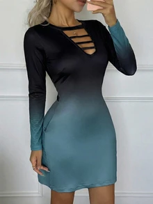 Vestido elegante de manga larga con efecto degradado y diseño calado, para primavera/verano - verde menta - Ver 2