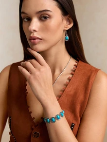 Tropiscape 1 set Style bohème vintage Parure de bijoux avec motif floral géométrique turquoise : 2 pièces boucles d'oreilles, 1 pièce bracelet, 1 pièce collier, convient aux femmes et aux filles, idéal pour les rendez-vous, les rassemblements, les fêtes, les vacances, le style cottage, la tenue d'été - Multicolore - Voir 3