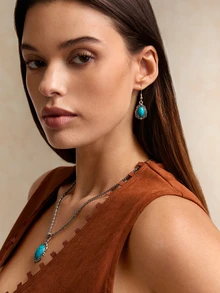 Tropiscape 1 set Style bohème vintage Parure de bijoux avec motif floral géométrique turquoise : 2 pièces boucles d'oreilles, 1 pièce bracelet, 1 pièce collier, convient aux femmes et aux filles, idéal pour les rendez-vous, les rassemblements, les fêtes, les vacances, le style cottage, la tenue d'été - Multicolore - Voir 4