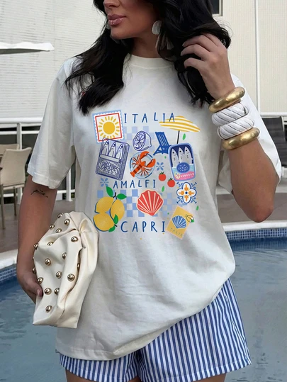 女士“欧洲夏季”美学：阿马尔菲卡普里岛柠檬印花T恤。复古意式度假风上衣。时尚沙滩度假装。