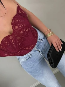 Yuwenier Elegant Mesh Hollow Semi-Transparent Waist Tie Back Boned Bustier Shapewear, Suitable For Outings, Valentine's Day Parties, Music Festivals Summer - Burgundy - View 8