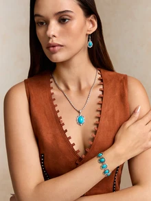 Tropiscape 1 set Style bohème vintage Parure de bijoux avec motif floral géométrique turquoise : 2 pièces boucles d'oreilles, 1 pièce bracelet, 1 pièce collier, convient aux femmes et aux filles, idéal pour les rendez-vous, les rassemblements, les fêtes, les vacances, le style cottage, la tenue d'été - Multicolore - Voir 2
