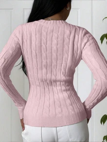 Yuwenier Casual Lightweight Round Neck Long Sleeve Fitted Cropped Cable Knit Sweater, Basic Pullover For Women, Autumn/Winter - Pink - View 6