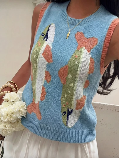 Chaleco holgado de punto suelto con elementos coloridos de peces y océano, casual para primavera/verano