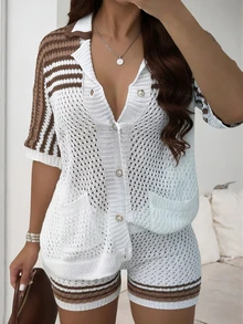 2pcs Striped Pattern Front Button Short Sleeve Shirt & Knit Shorts Set, Suitable For Valentine's Day, Music Festival, Beach Vacation Spring - Brown - View 8