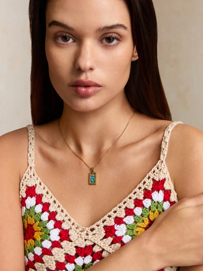 Tropiscape 1 件欧美复古热销吊坠首饰，不锈钢矩形油滴锆石塔罗牌项链