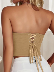 女士复古无肩带透视网纱束身胸衣露脐上衣，性感百搭，适合音乐节、情人节等场合。 - 卡其色 - 查看 2