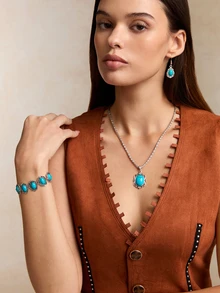 Tropiscape 1 set Style bohème vintage Parure de bijoux avec motif floral géométrique turquoise : 2 pièces boucles d'oreilles, 1 pièce bracelet, 1 pièce collier, convient aux femmes et aux filles, idéal pour les rendez-vous, les rassemblements, les fêtes, les vacances, le style cottage, la tenue d'été - Multicolore - Voir 5