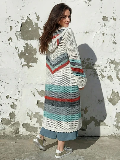 Elegancki damski sweter kardigan z kapturem i długim rękawem w paski, z wycięciami, modny top na wiosnę, lato i jesień