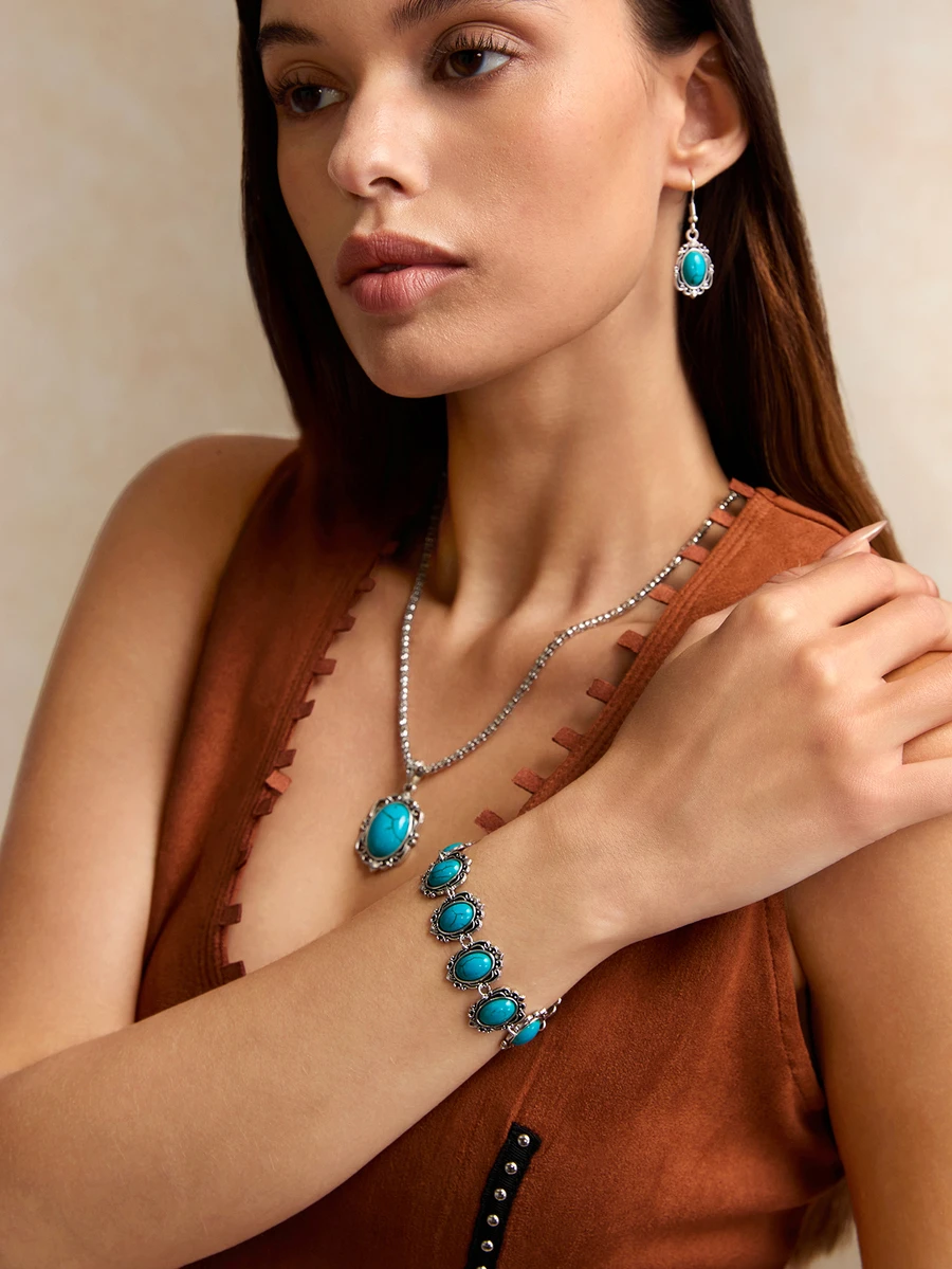 Tropiscape 1 set Style bohème vintage Parure de bijoux avec motif floral géométrique turquoise : 2 pièces boucles d'oreilles, 1 pièce bracelet, 1 pièce collier, convient aux femmes et aux filles, idéal pour les rendez-vous, les rassemblements, les fêtes, les vacances, le style cottage, la tenue d'été - Multicolore - Voir 1