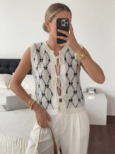 Women's Casual Loose Fit Everyday/Vacation Bow Tie Mesh Jacquard Tie-Up Sweater Vest, Suitable For Valentine's Day