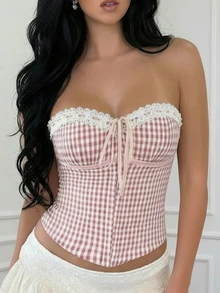 女士格子性感芭蕾舞风格金属镂空刺绣花卉蕾丝饰边撞色缎面蝴蝶结露脐抹胸上衣 - 粉色 - 查看 6