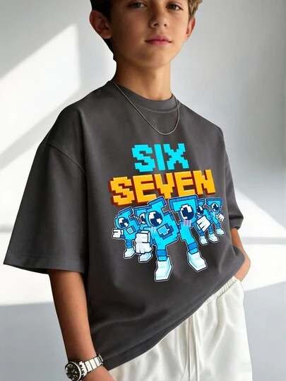 1 pieza Camiseta de manga corta con estampado casual de letras y números "67 SEIS SIETE", top de verano para niños preadolescentes, ropa para estudiantes jóvenes