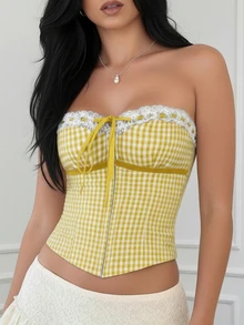 Yuwenier 性感芭蕾舞风格金属镂空刺绣花卉蕾丝饰边撞色缎面蝴蝶结抹胸露脐上衣 - 黃色 - 查看 6