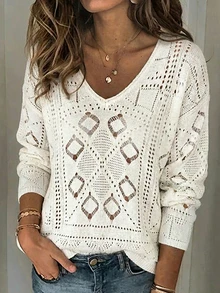 Women's Loose Fit V-Neck Hollow Out Knitted Sweater With Diamond Pattern, Versatile - Beige - View 2