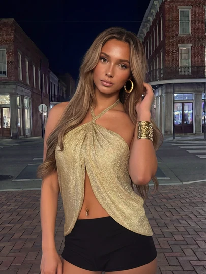 Women's New Solid Color Asymmetric/Asymmetrical Halter Tie Knot Vacation Blouse