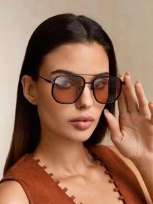 Tropiscape 1 Pair Metal Aviator Frame Women's Sunglasses, Timeless, Suitable For Holiday Gifts, Outdoor Activities, Tropical Beach Vacations, Street Photography, Fashion Versatile, Elegant Accessory, Ideal For Family Outings, Travel, Summer Beach Vacations And Outdoor Activities Cottagecore,SummerOutfit - Champagne - View 3