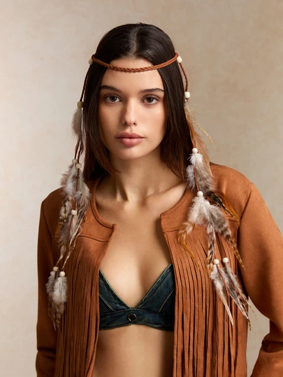 Tropiscape 女士发带吸汗羽毛头饰波西米亚嬉皮风头带羽毛头饰可调节头带羽毛头饰，适合女士和女孩佩戴，时尚发饰发带秋季配饰秋冬度假装扮女士优雅围巾女士头巾柔软头巾