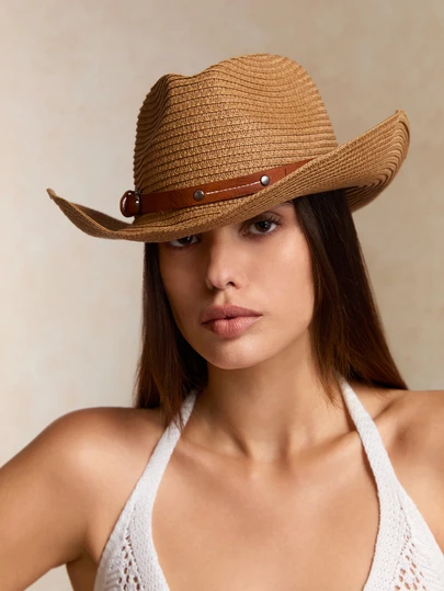 Tropiscape 1pc Women/Men's Fashion Cowboy Style Straw Hat, Foldable Sun Hat For Outdoor Activities Like Beach, Hiking, Climbing, Suitable As Daily Life Accessories & Gifts