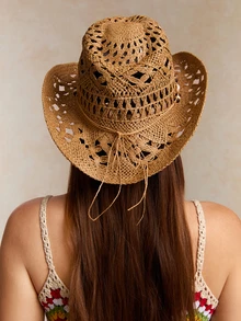 Tropiscape 1 件波西米亚风镂空草编太阳帽，西部牛仔女郎沙滩帽，适合母亲节、复活节、度假、拍照 - 卡其色 - 查看 4