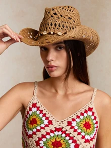 Tropiscape 1 件波西米亚风镂空草编太阳帽，西部牛仔女郎沙滩帽，适合母亲节、复活节、度假、拍照 - 卡其色 - 查看 2