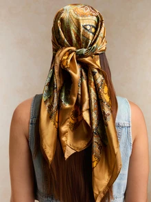 Tropiscape 1 pieza Pañuelo de sol lujoso, pañuelo cuadrado de moda de 90cm*90cm para el cuello, chales y bufandas estampados para mujeres, adecuado para todas las estaciones para vestidos de estilo cottage, atuendo de verano - Cúrcuma y anacardo - Ver 4