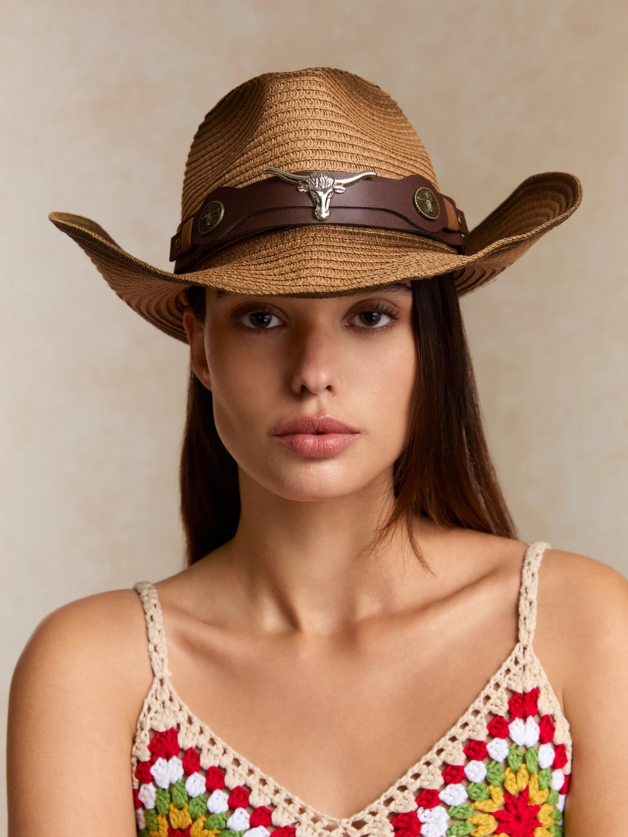 Tropiscape 1 pieza Sombrero de sol de mujer estilo vaquero occidental con estampado degradado y banda de piel sintética, sombrero de playa versátil de protección solar de primavera/verano, unisex, estilo cottage core, atuendo de verano - sombrero de copa - Ver 1