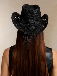 Tropiscape 1 件纯色波西米亚风休闲镂空装饰 UPF 防晒编织巴拿马帽，牛仔遮阳帽，时尚百搭，适合所有季节，通勤 - 巴拿馬草編帽 - 查看 2