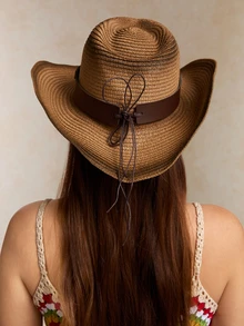 Tropiscape 1 pieza Sombrero de sol de mujer estilo vaquero occidental con estampado degradado y banda de piel sintética, sombrero de playa versátil de protección solar de primavera/verano, unisex, estilo cottage core, atuendo de verano - sombrero de copa - Ver 3