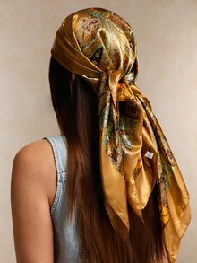 Tropiscape 1 pieza Pañuelo de sol lujoso, pañuelo cuadrado de moda de 90cm*90cm para el cuello, chales y bufandas estampados para mujeres, adecuado para todas las estaciones para vestidos de estilo cottage, atuendo de verano - Cúrcuma y anacardo - Ver 5