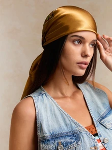 Tropiscape 1 pieza Pañuelo de sol lujoso, pañuelo cuadrado de moda de 90cm*90cm para el cuello, chales y bufandas estampados para mujeres, adecuado para todas las estaciones para vestidos de estilo cottage, atuendo de verano - Cúrcuma y anacardo - Ver 3