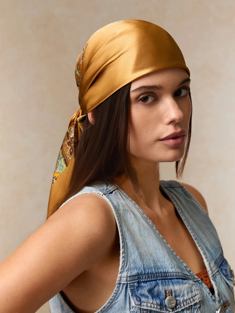 Tropiscape 1 pieza Pañuelo de sol lujoso, pañuelo cuadrado de moda de 90cm*90cm para el cuello, chales y bufandas estampados para mujeres, adecuado para todas las estaciones para vestidos de estilo cottage, atuendo de verano - Cúrcuma y anacardo - Ver 1