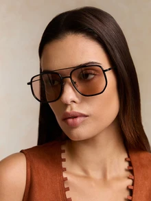 Tropiscape 1 Pair Metal Aviator Frame Women's Sunglasses, Timeless, Suitable For Holiday Gifts, Outdoor Activities, Tropical Beach Vacations, Street Photography, Fashion Versatile, Elegant Accessory, Ideal For Family Outings, Travel, Summer Beach Vacations And Outdoor Activities Cottagecore,SummerOutfit - Champagne - View 5