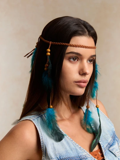 Tropiscape 1 Piece Of Women's Multi-Color Multi Feather Tassel Headband With Retro Fashion Hand Woven Rope And Wooden Bead Feather Headband Suitable For Holiday And Daily Wear, Hair Accessories, Turban Headband, Hairband Fall Winter Hair Band For Vacation Outfits Woman Elegant Scarf Women Bandana Soft Headwrap