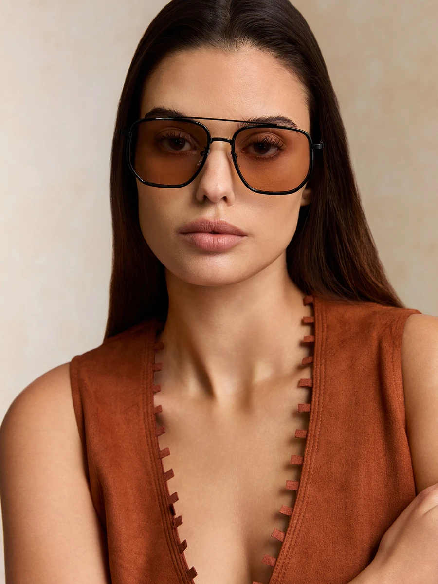 Tropiscape 1 Pair Metal Aviator Frame Women's Sunglasses, Timeless, Suitable For Holiday Gifts, Outdoor Activities, Tropical Beach Vacations, Street Photography, Fashion Versatile, Elegant Accessory, Ideal For Family Outings, Travel, Summer Beach Vacations And Outdoor Activities Cottagecore,SummerOutfit - Champagne - View 1