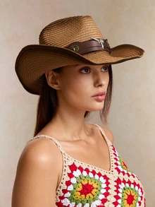 Tropiscape 1 pieza Sombrero de sol de mujer estilo vaquero occidental con estampado degradado y banda de piel sintética, sombrero de playa versátil de protección solar de primavera/verano, unisex, estilo cottage core, atuendo de verano - sombrero de copa - Ver 5