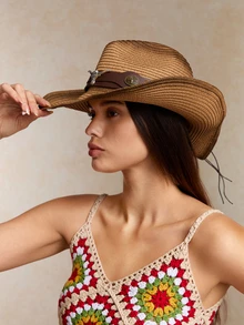 Tropiscape 1 pieza Sombrero de sol de mujer estilo vaquero occidental con estampado degradado y banda de piel sintética, sombrero de playa versátil de protección solar de primavera/verano, unisex, estilo cottage core, atuendo de verano - sombrero de copa - Ver 2