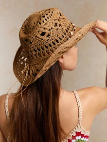 Tropiscape 1 件波西米亚风镂空草编太阳帽，西部牛仔女郎沙滩帽，适合母亲节、复活节、度假、拍照 - 卡其色 - 查看 5