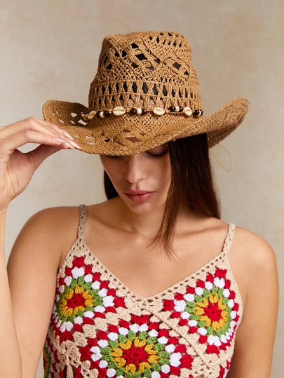 Tropiscape 1 件波西米亚风镂空草编太阳帽，西部牛仔女郎沙滩帽，适合母亲节、复活节、度假、拍照