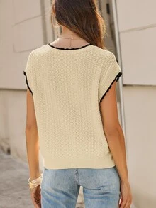 Blusa de punto sin mangas con ribete de color contrastante, prenda exterior casual para primavera y verano - Beis - Ver 2