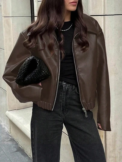 Chaqueta de cuero sintético holgada de manga larga y cuello retro minimalista para mujer, nueva chaqueta de cuero desgastada de moda para mujer, chaqueta de PU vintage de unicolor y manga larga con cremallera para otoño