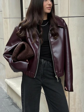 Women's Retro Lapel Long Sleeve Minimalist PU Leather Loose Jacket, Women's Fashion New Distressed Leather Jacket, Autumn Solid Color Zipper Long Sleeve Vintage PU Jacket