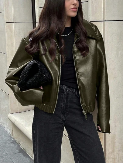 Women's Retro Lapel Long Sleeve Minimalist PU Leather Loose Jacket, Women's Fashion New Distressed Leather Jacket, Autumn Solid Color Zipper Long Sleeve Vintage PU Jacket