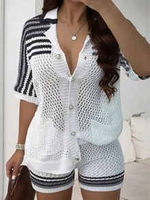 2pcs Striped Pattern Front Button Short Sleeve Shirt & Knit Shorts Set, Suitable For Valentine's Day, Music Festival, Beach Vacation Spring - Multicolor - View 7