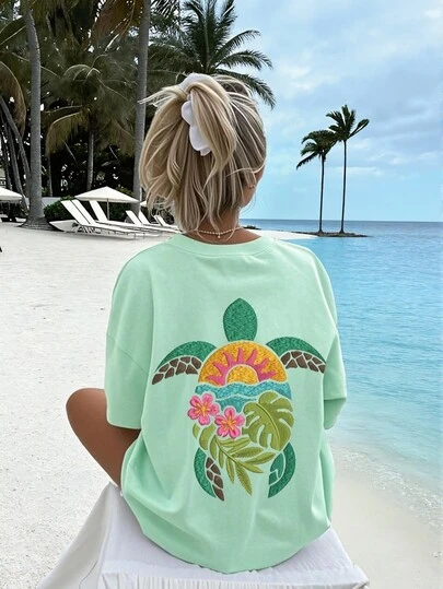 1pc Tween Girls' Sea Turtle Print Short Sleeve T-Shirt, Student Youth Apparel, Summer Top For Girls Preparing To Play