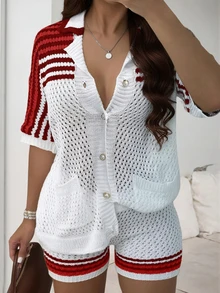 2pcs Striped Pattern Front Button Short Sleeve Shirt & Knit Shorts Set, Suitable For Valentine's Day, Music Festival, Beach Vacation Spring - Multicolor - View 8