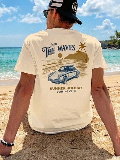 男士印花T恤，沙滩夏季休闲装，宽松短袖。这款男士T恤风格休闲，充满度假气息，非常适合海滩度假以及日常穿着。